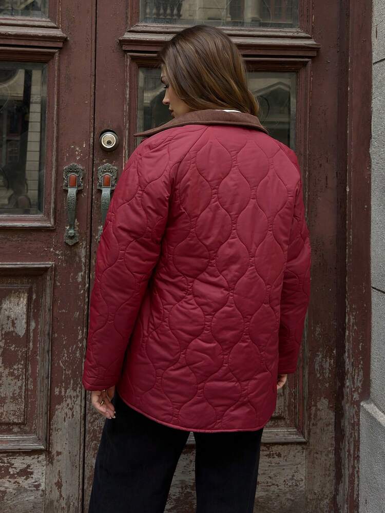 Women's Contrast Color Lapel Long Sleeve Single-Breasted Cargo Pocket Casual Winter Coat Fall Autumn