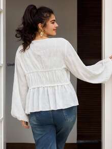 Lounesse 大码女式 V 领带设计碎花长袖衬衫，百搭日常穿着，BluDitsy Floralnt - 白色 - 查看 2