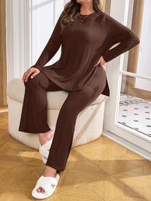 SHEIN Essnce Plus Size Women's Autumn And Winter Fashion Casual Loose Comfortable Daily Versatile Basic Slim Dark Brown Long-Sleeved Top And Flared Pants Two Pieces Set, Fall Clothes,Pants Set,Airport Outfits,Simple Style,Street Wear - Brown - View 1