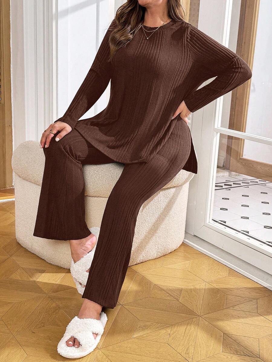 SHEIN Essnce Plus Size Women's Autumn And Winter Fashion Casual Loose Comfortable Daily Versatile Basic Slim Dark Brown Long-Sleeved Top And Flared Pants Two Pieces Set, Fall Clothes,Pants Set,Airport Outfits,Simple Style,Street Wear - Brown - View 1