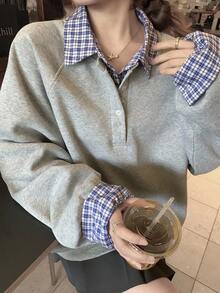 DAZY 女式格子拼接休闲长袖运动衫秋冬 - 灰色 - 查看 4