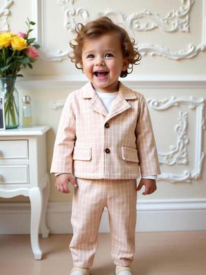 Souflis Souflis 2pcs/Set Vintage French 2025 Autumn/Winter New Plaid Blazer Jacket & Trousers Gentleman Suit For Baby Boys Baby Boy Checked Suit Checked Baby Clothes