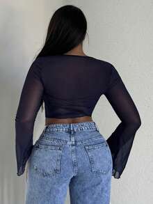 Alexandranx Solid Color Lace-Up Casual Mesh Women's Top With Flare Sleeves - Navy Blue - View 2