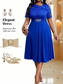 Fleurora Plus Size Women's Elegant Party Solid Color Lace Patchwork Midi Dress - Navy Blue - View 1