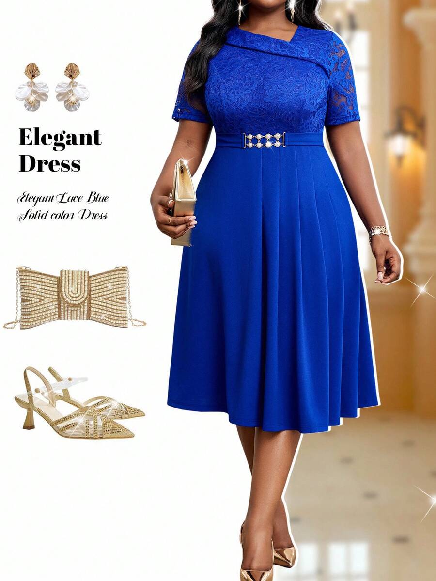 Fleurora Plus Size Women's Elegant Party Solid Color Lace Patchwork Midi Dress - Navy Blue - View 1