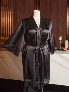 SilkySpell Plus Size Women Lace Trim Solid Satin Sexy Robe, Valentine's Day, For Fall & Winter - Black - View 7