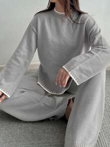 Flirla Women's Casual Dropped Shoulder Long Sleeve Sweater & Pants 2 Pieces Set - Grey - View 4