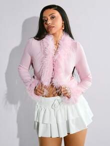 INAWLY Women's Y2K Solid Color Fuzzy Patchwork Long Sleeve Fashionable T-Shirt - Pink - View 1