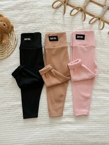 SHEIN LMoss 3件套女婴针织纯色字母印花套装，女婴下装，女婴裤子，女婴长裤，舒适秋冬款式，女婴服装 - 彩色 - 查看 3