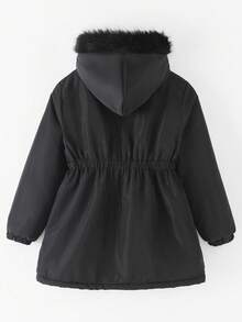 SHEIN Tween Girls' Casual All-Match Versatile Daily School Drawstring Waist Cargo Pocket Fleece Hooded Long Padded Coat, Thick Warm - Multicolor - View 3