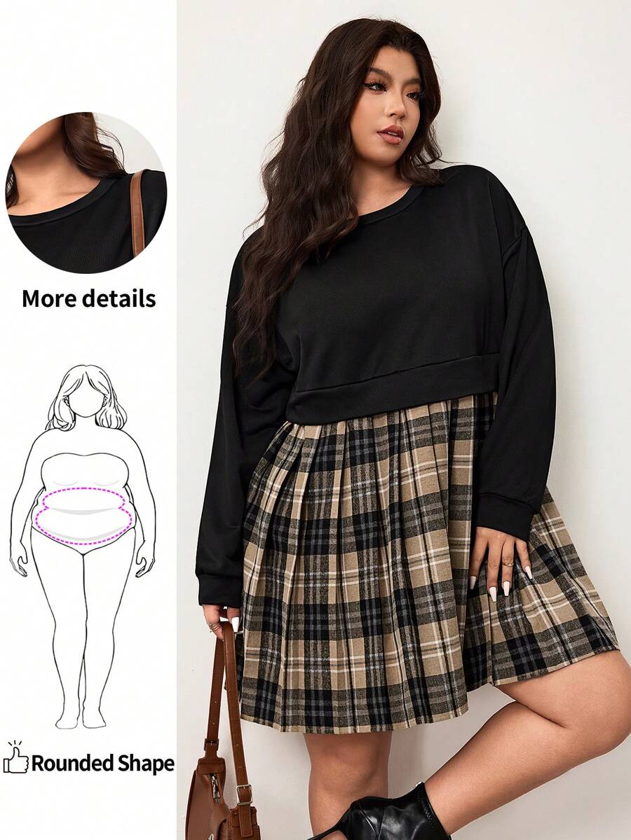 Enliva Plus Size Women Plaid Patchwork Long Sleeve Sweatshirt Dress, Suitable For Autumn/Autumn /Winter, Compatible With Apple Rounded Body Shape/2026 /New Year/Valentine's Day - Black - View 1