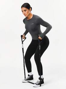 Seamluxe SHEIN Sport 1pc Seamless High Elasticity Yoga Fitness Sports T-Shirt Seamless Work Out Top Women Long Sleeve Sports Top Exercise - Dark Grey - View 4