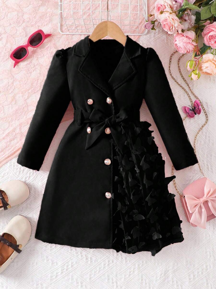 Áo khoác trẻ trung thanh lịch cho bé gái, cổ áo, tay dài, thắt lưng, thiết kế lưới bướm bên trái, quyến rũ và đáng yêu - màu đen - Xem 1