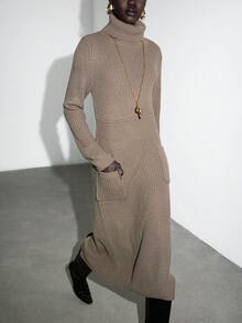 Lumivelle Women's High Collar With Pocket Fashion Versatile Simple Sweater Dress