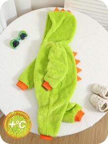 SHEIN Baby Boys Contrast Neon Green Thermal Lined Cute Dinosaur Hooded Romper, Comfortable Casual Fashionable Everyday Outfit, Suitable For Indoor, Outdoor, Skiing, Daily Wear, Sports, Party, Photo Shoot, Festival, Streetwear, Christmas, New Year