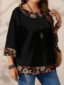 EMERY ROSE Camicia vintage con stampa a foglia d'acero e floreale, scollo tondo, maniche 3/4, adatta per l'autunno/inverno, taglie comode