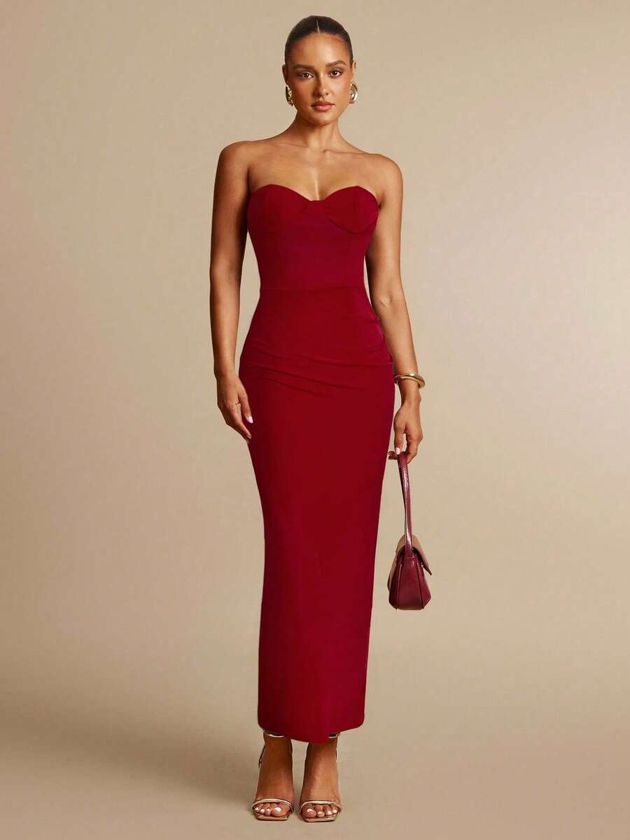 Silquee This Stylish And Sexy Solid Red Strapless Midi Dress With Bust Detailing Is The Perfect Choice For Fall. The Fitted Cut And Strapless Design Make It Suitable For A Variety Of Occasions, Including Valentine's Day, Christmas, Dates, Outings, And Nightclub Parties. It's Also An Elegant Party Dress, Ideal For Parties, Dates, Outings, And Nightclub Events. Dinner Date Dress Red Bustier Dress Sweetheart Neckline Dress - Red - View 1