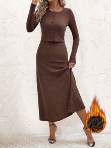 SHEIN Clasi Women's Autumn/Winter Fashion Business Casual Long Sleeve Top And Skirt 2 Pieces Set - Mocha Brown - View 4