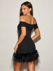 Enchnt Women's Black Summer 70s Party Dress, Off-Shoulder Fluffy Patchwork Elegant Mini Dress, Fashionable Chic&Elegant Birthday Christmas Outfit - Black - View 7