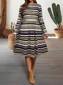 EMERY ROSE Plus Size Women Autumn Long Sleeve Striped Dress - Multicolor - View 6