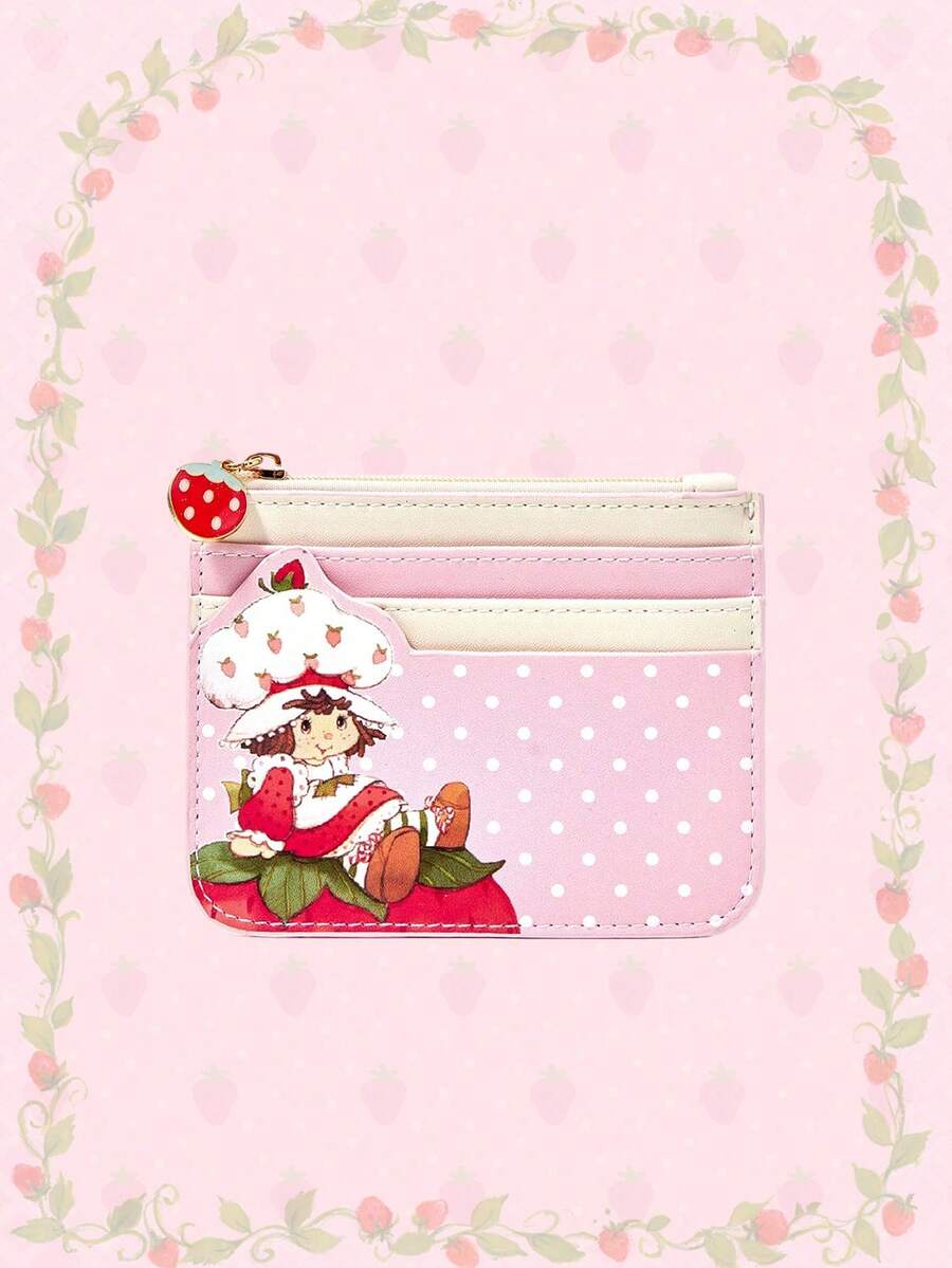 Strawberry Shortcake | ROMWE Korthållare med mönster av jordgubbsflicka, dragkedja, nyckelring, mini-plånbok - Babyrosa - Visa 1