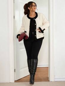 Lounesse 大码女式撞色黑白长袖厚外套，适合日常外出通勤，大码白色夹克女式秋冬装