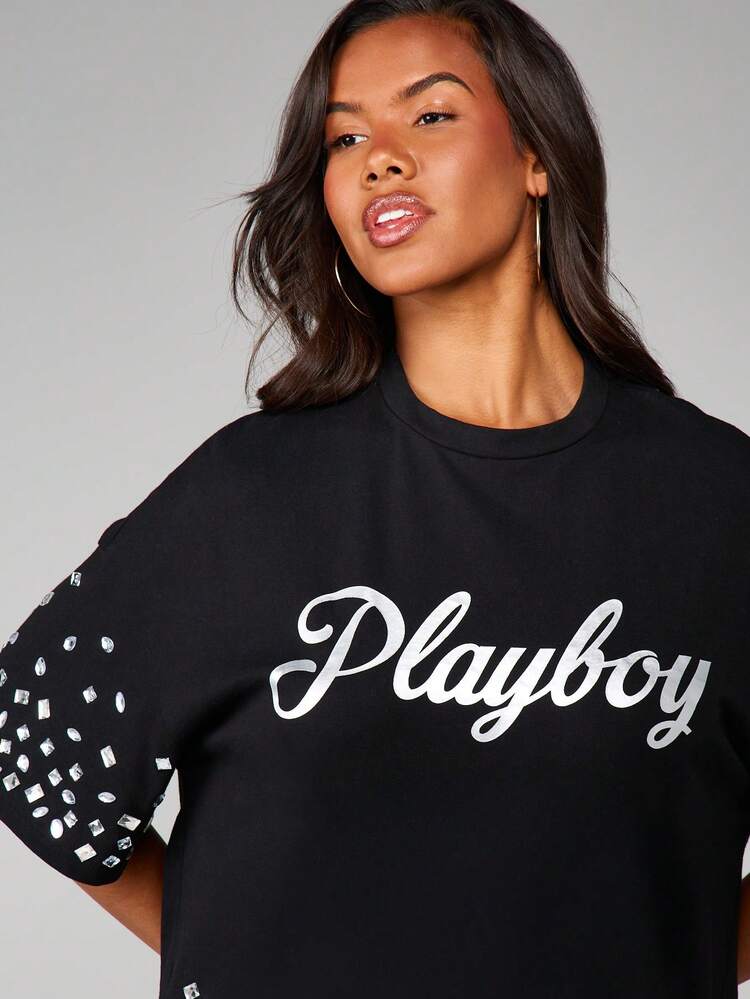 Missguided x Playboy Logo Oversized T-Shirt Dress With Metallic Confetti Print