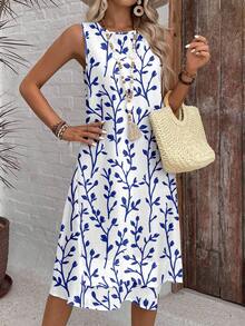 EMERY ROSE 时尚蓝白无袖中长连衣裙，直筒下摆，随机印花，蓝白连衣裙，女式蓝白碎花连衣裙，女式夏季连衣裙，女式度假连衣裙，无袖夏季连衣裙，时尚休闲连衣裙 - 藍白色 - 查看 4