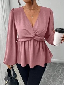 Firerie Áo sơ mi dài tay chữ A đơn giản, màu xanh lá cây cỡ lớn dành cho nữ, mùa thu/đông - Bụi hồng - Xem 4