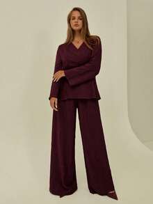 Auralis Plus Size Summer Outfits For Women Vacation Outfits Woman Beach Outfits For Woman Spring Outfits For Women Business Casual Woman Vacation Spring Church Clothes Women Concert Outfit Women Work Clothes Women Old Money Style Women Vacation Outfits Business Casual Modest Concert Outfits 2pcs/Set Asymmetric Neckline Side Knotted Top And Loose Wide-Leg Pants For Plus Size - Burgundy - View 3