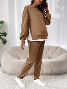 SHEIN Bộ 2 chiếc áo nỉ và quần chắp vá nhiều màu sắc thường ngày dành cho bà bầu, mùa thu - Cà phê nâu - Xem 5