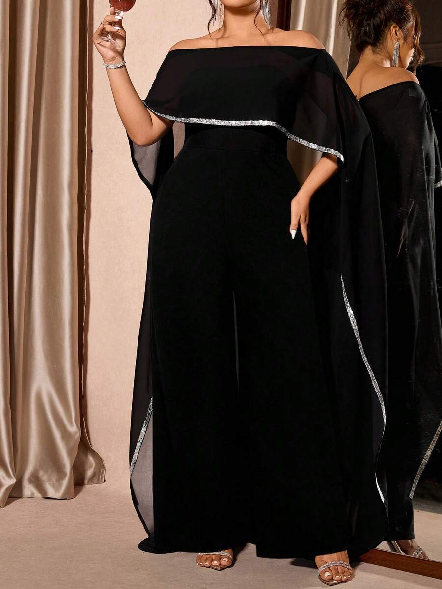 Allurite Christmas Plus Size Women Sheer Chiffon Off Shoulder Jumpsuit With Silver Ribbon Decor - Black - View 1