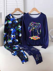4pcs/Set Tween Boys' Graphic Game Controller PrintSnug Fit Casual Homewear Set, Black & Blue, Spring/Autumn - Multicolor - View 6