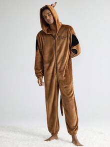 SCOOBY-DOO X SHEIN Men's Casual Letter & Dog Embroidery Hooded Jumpsuit, Autumn/Winter Brown Fluffy Cozy Pajamas - Brown - View 4