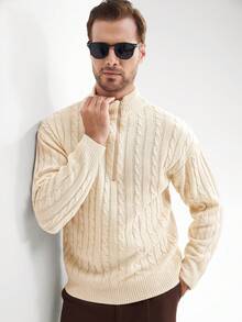 Manfinity Mode Men's Solid Color Front Half Zip Plain Long Sleeve Casual Pullover Sweater, For Friends, Fall/Winter