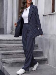 EMERY ROSE 女士条纹翻领长袖外套和裤子休闲套装 女士西装裤套装 女士西装外套套装 女士两件套服装 - 藏蓝色 - 查看 4