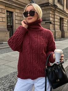 Vivie Lora Suéter de cuello alto de punto grueso de unicolor y ajuste holgado con mangas largas, para otoño/invierno, Año Nuevo - Burdeos - Ver 1