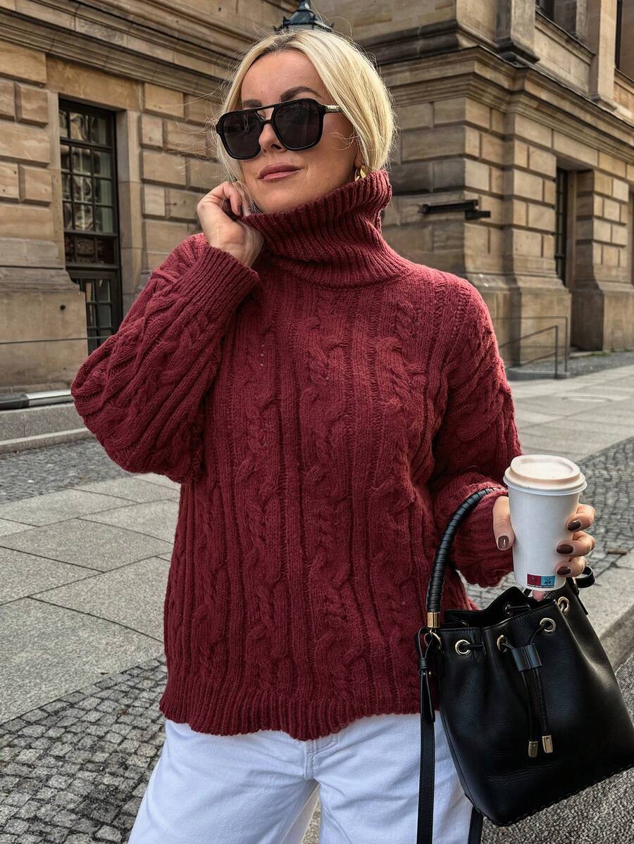 Vivie Lora Suéter de cuello alto de punto grueso de unicolor y ajuste holgado con mangas largas, para otoño/invierno, Año Nuevo - Burdeos - Ver 1