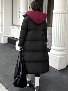Easura 加大码撞色连帽长袖保暖羽绒服，休闲时尚，冬季必备 - 彩色 - 查看 2