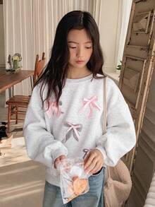 DAZY Sudadera de felpa de cuello redondo con lazo y diseño estampado para niñas preadolescentes, otoño - Gris - Ver 4