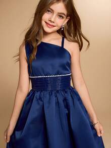 Girls' Long Piano Recital Dress, Christmas Party Gown, Children's Orchestra Choir Dress, Junior Host Princess Dress, Minimalist - Navy Blue - View 8