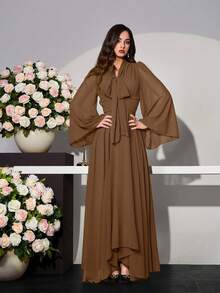 Modelyn 女士纯色系带领喇叭袖优雅连衣裙 - 棕色 - 查看 4