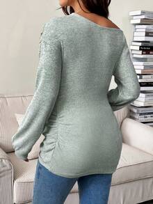 SHEIN Autumn And Winter Maternity Casual Solid Color Asymmetric Collar T-Shirt, Autumn Green Long Sleeve Top - Mint Green - View 2