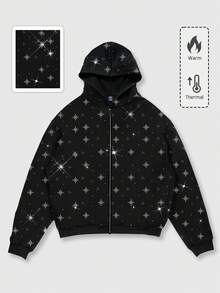 ROMWE MEN Street Life 男士秋冬水钻装饰休闲情侣卫衣连帽衫，长袖上衣 - 黑色 - 查看 4