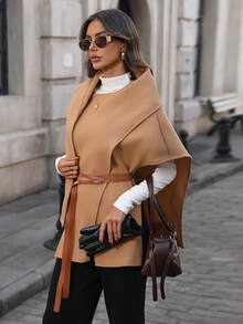SHEIN PariChic Women's Elegant Structured Unique Vintage Coin Overcoat - Khaki - View 5