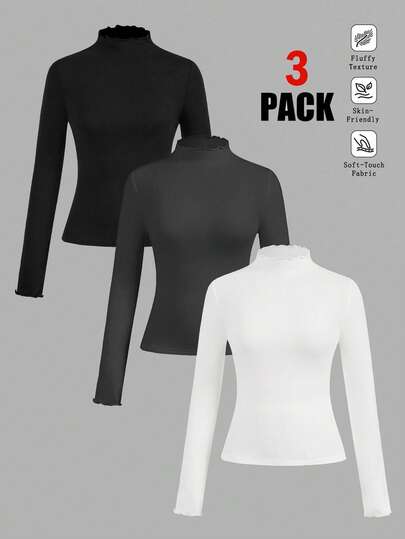 Slaydiva 3 件套休闲纯色百搭分层高领长袖 T 恤，适合秋冬季