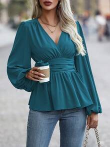 SHEIN LUNE Áo sơ mi peplum đơn giản, cổ chữ V tay dài, xếp ly đơn giản, thường ngày - Màu xanh ngọc - Xem 3