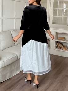 Dazy Plus Elegante abito in velluto con contrasto in rete e paillettes, abito lungo da festa oversize per donna - nero - Visualizzare 2