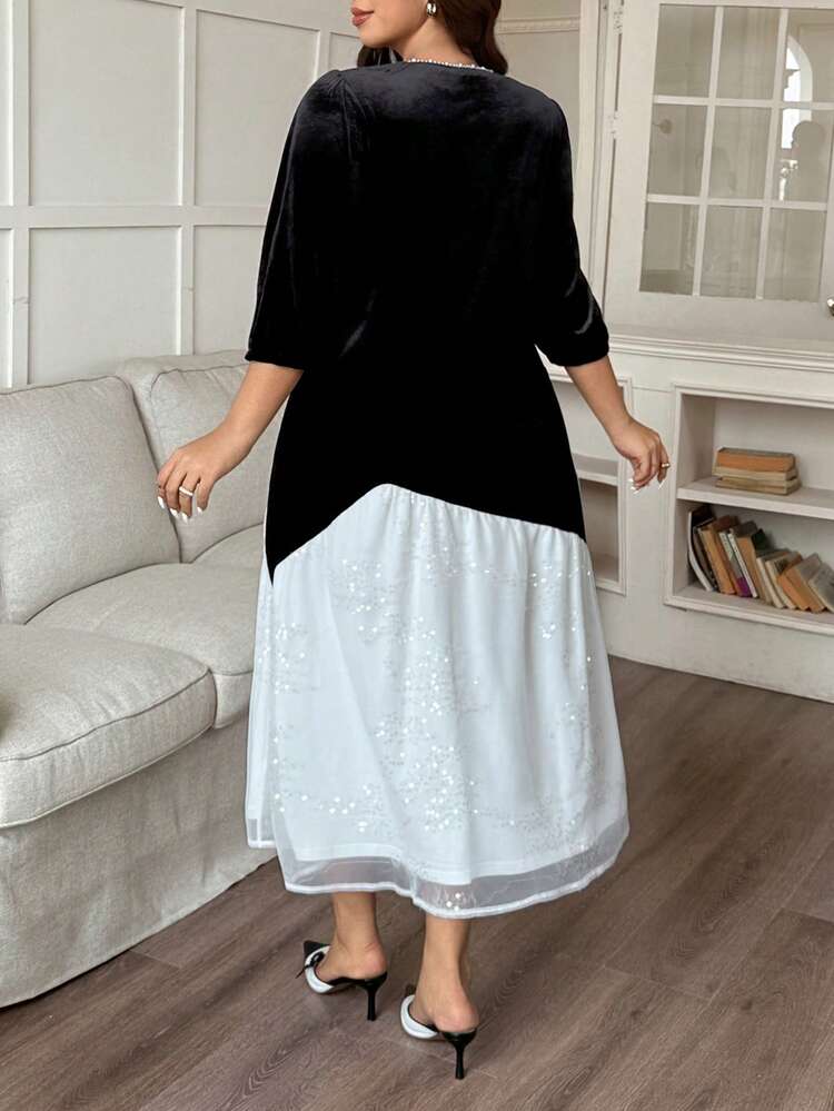 Dazy Plus Elegant Velvet Contrast Mesh Sequin Dress, Loose Plus Size Women Long Party Gown Dress