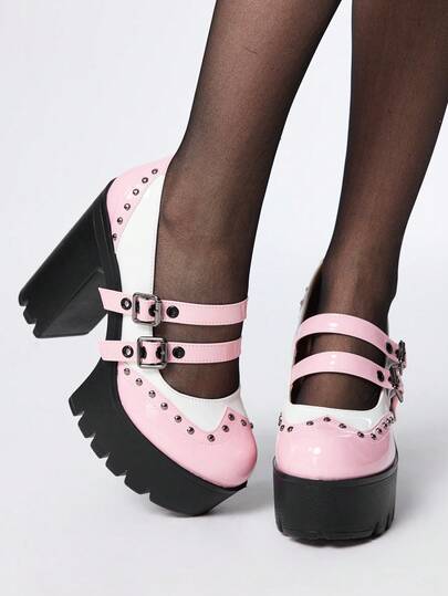 Goth Women's Gothic Style Thick Sole Platform Pumps, Spring/Autumn Punk Dual-Tone Metal Buckle Double Strap Rivet Studded Mary Jane High Heel Party/School Shoes